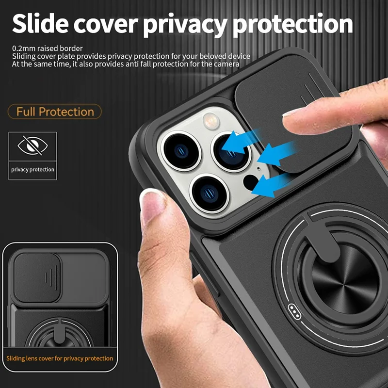 Custodia per iPhone 15 Pro Compatibile con MagSafe con Supporto ad Anello Pieghevole Cover per Telefono in TPU e PC con Scorriobiettivo per Fotocamera - Nero