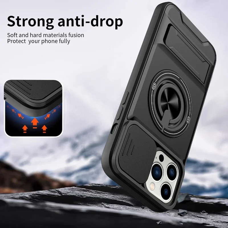 Étui pour iPhone 14 Pro compatible MagSafe avec anneau support, pied pliable, coque TPU/PC et couvercle coulissant pour objectif - Noir