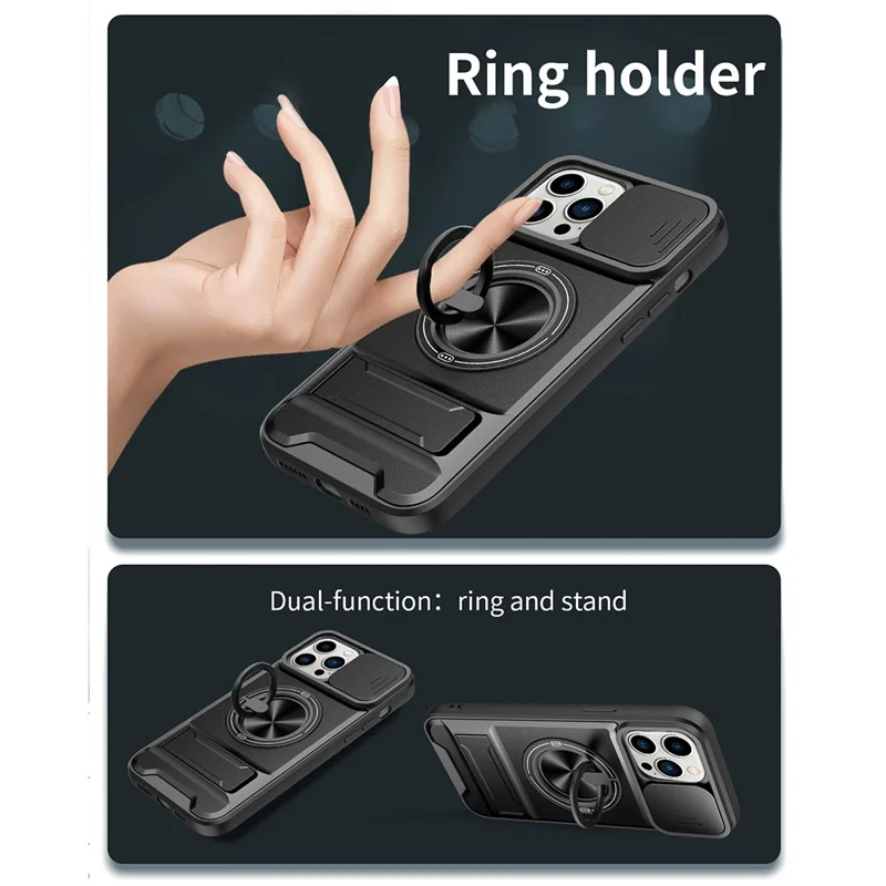 Étui pour iPhone 14 Pro compatible MagSafe avec anneau support, pied pliable, coque TPU/PC et couvercle coulissant pour objectif - Noir