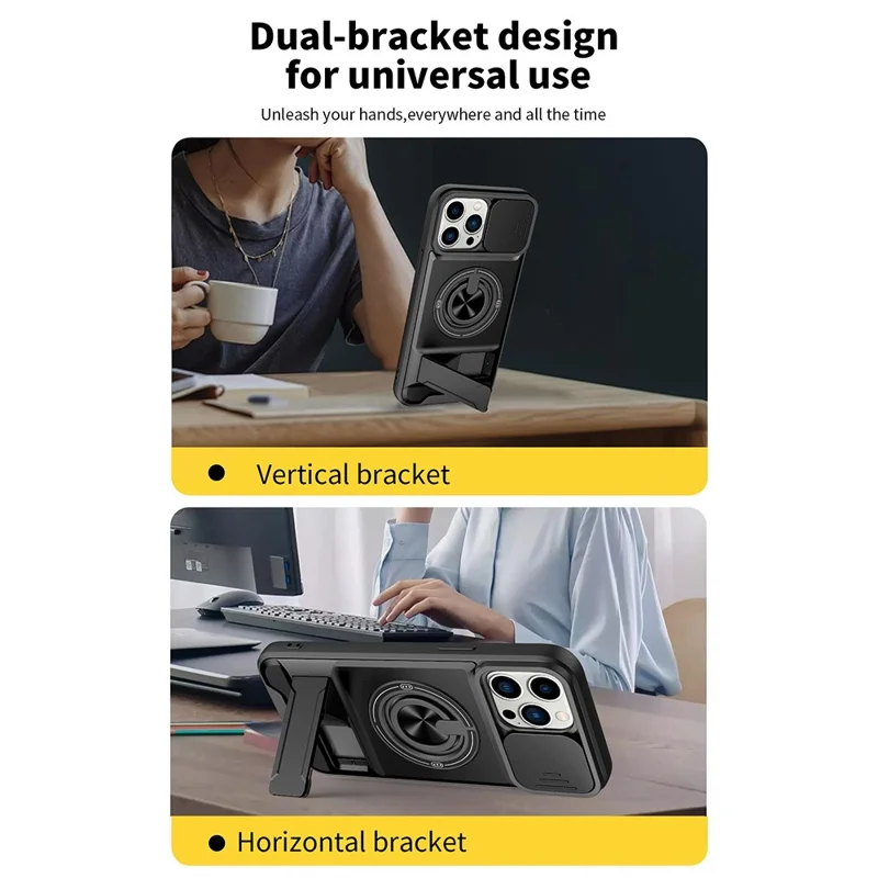 Étui pour iPhone 13 Pro compatible MagSafe avec anneau support, pied intégré pliable, coque TPU/PC avec couvercle coulissant pour objectif photo - Noir