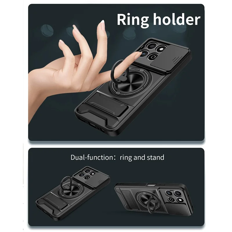 Phone Case For Honor X7c 5G  /  4G  /  200 Smart 5G Compatible with MagSafe Ring Holder Foldable Kickstand TPU PC Cover with Camera Lens Slider - Black