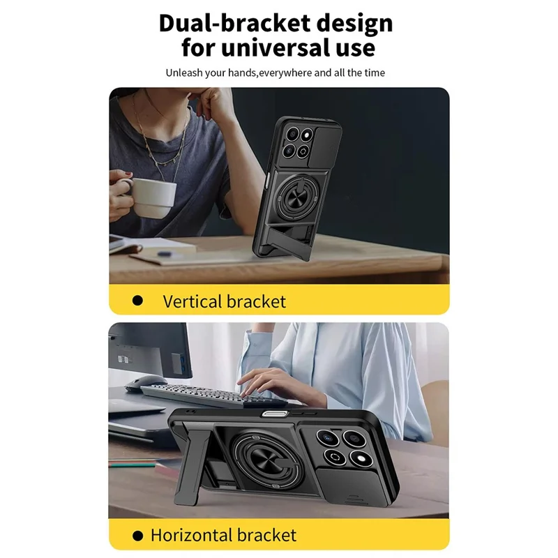 Phone Case For Honor X7c 5G  /  4G  /  200 Smart 5G Compatible with MagSafe Ring Holder Foldable Kickstand TPU PC Cover with Camera Lens Slider - Black