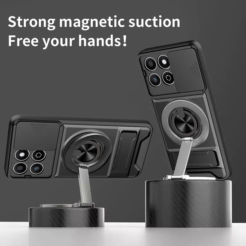 Phone Case For Honor X7c 5G  /  4G  /  200 Smart 5G Compatible with MagSafe Ring Holder Foldable Kickstand TPU PC Cover with Camera Lens Slider - Black