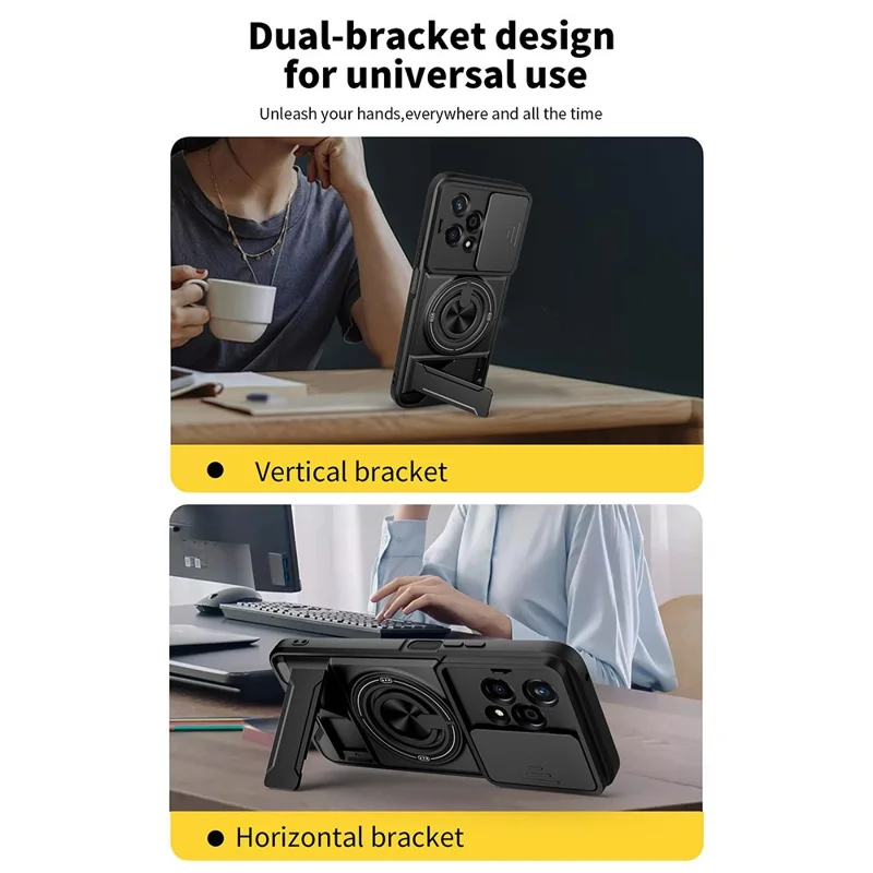 Für Honor 200 Lite Magnetische Hülle Mit Ringhalter Und Klappständer TPU PC Handyhülle Mit Kameraobjektivschieber - Schwarz