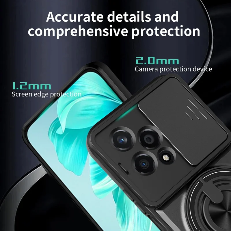Für Honor 200 Lite Magnetische Hülle Mit Ringhalter Und Klappständer TPU PC Handyhülle Mit Kameraobjektivschieber - Schwarz