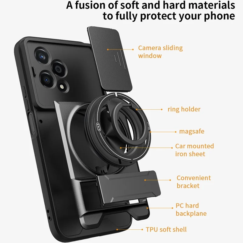 Für Honor 200 Lite Magnetische Hülle Mit Ringhalter Und Klappständer TPU PC Handyhülle Mit Kameraobjektivschieber - Schwarz
