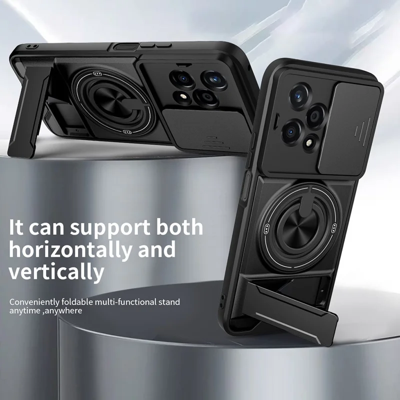 Für Honor 200 Lite Magnetische Hülle Mit Ringhalter Und Klappständer TPU PC Handyhülle Mit Kameraobjektivschieber - Schwarz