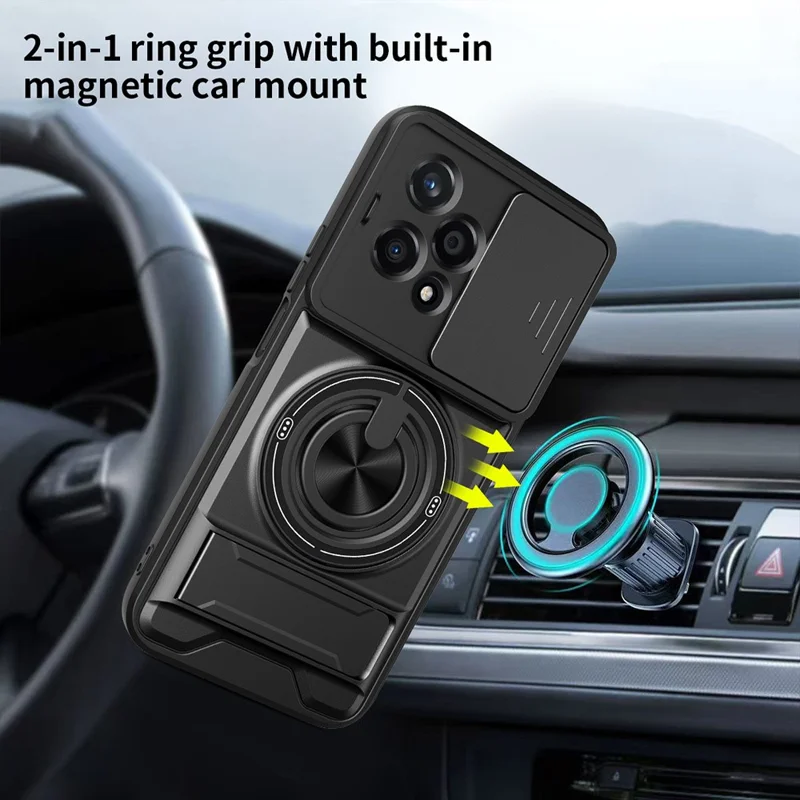 Für Honor 200 Lite Magnetische Hülle Mit Ringhalter Und Klappständer TPU PC Handyhülle Mit Kameraobjektivschieber - Schwarz