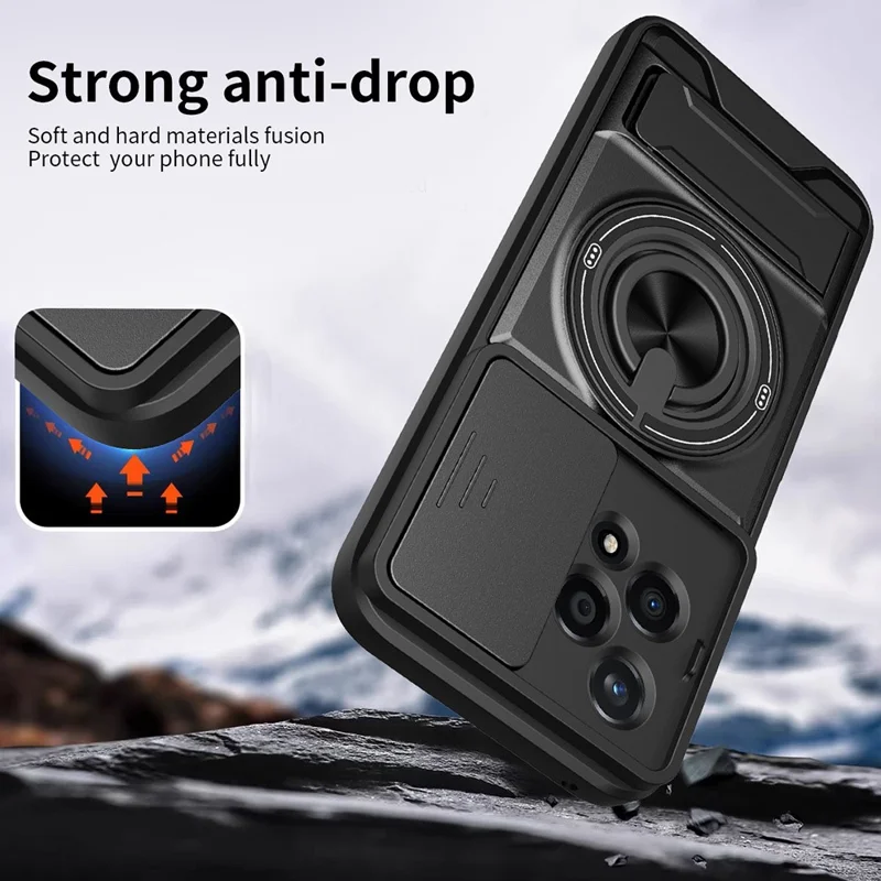 Für Honor 200 Lite Magnetische Hülle Mit Ringhalter Und Klappständer TPU PC Handyhülle Mit Kameraobjektivschieber - Schwarz