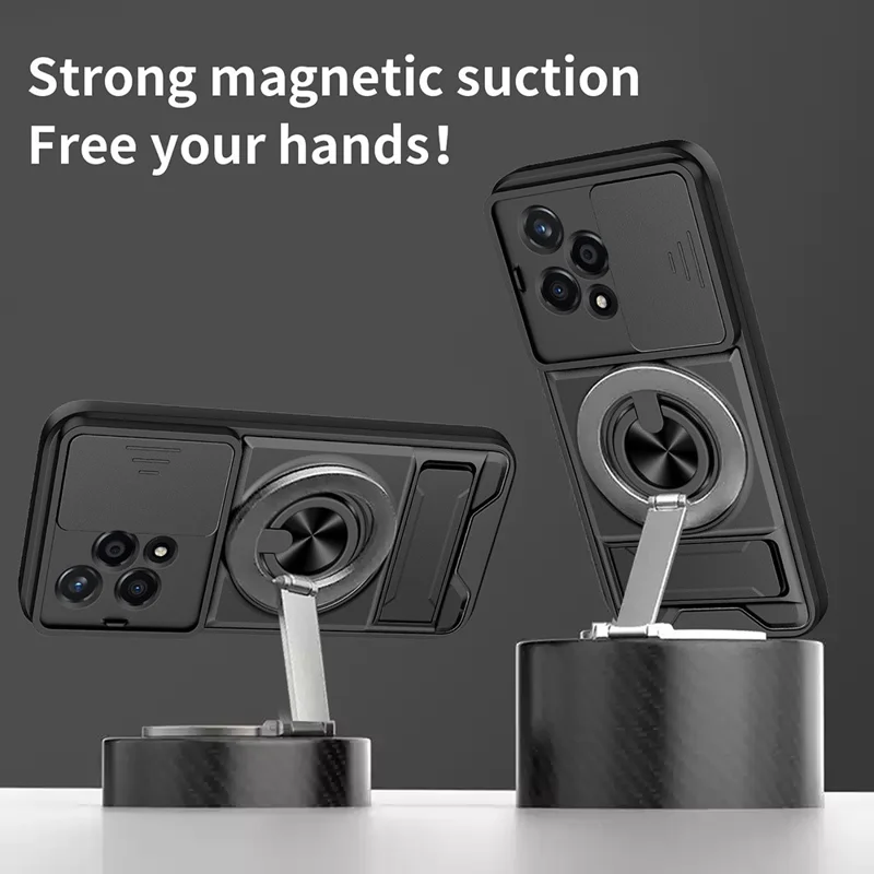 Für Honor 200 Lite Magnetische Hülle Mit Ringhalter Und Klappständer TPU PC Handyhülle Mit Kameraobjektivschieber - Schwarz