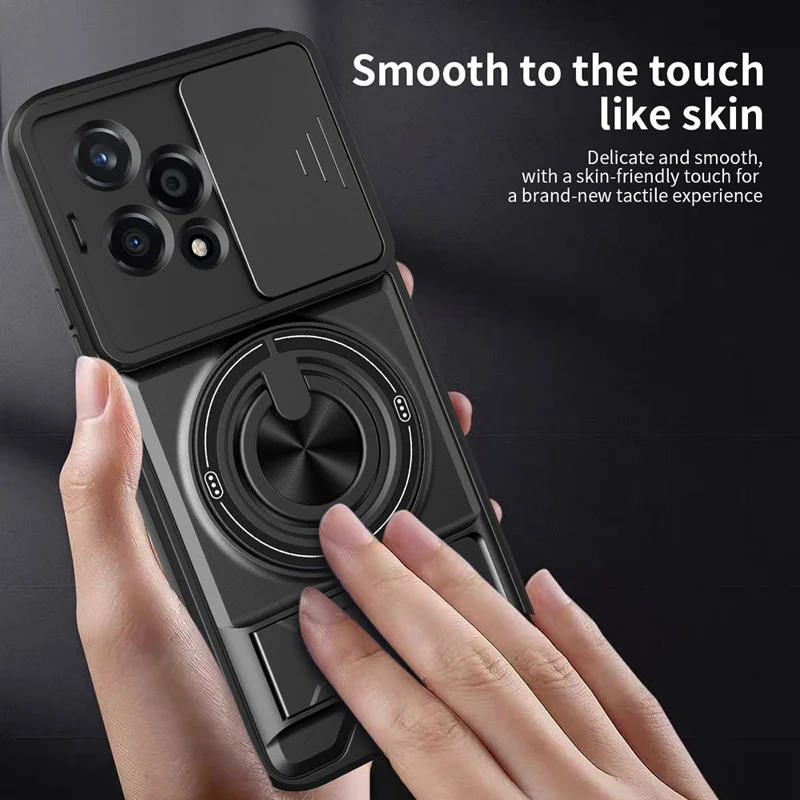 Für Honor 200 Lite Magnetische Hülle Mit Ringhalter Und Klappständer TPU PC Handyhülle Mit Kameraobjektivschieber - Schwarz