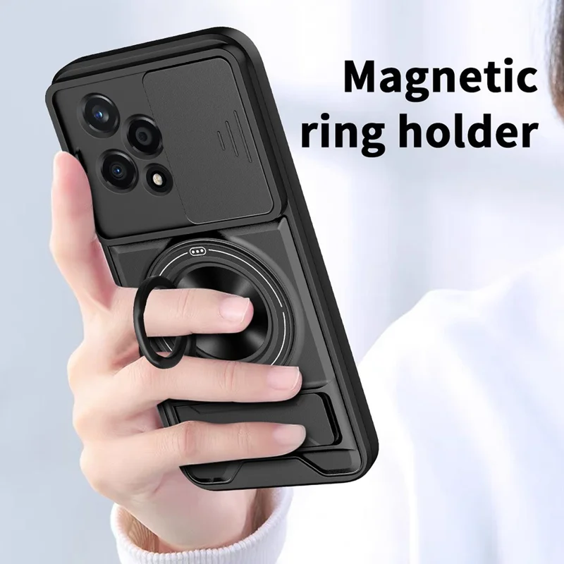Für Honor 200 Lite Magnetische Hülle Mit Ringhalter Und Klappständer TPU PC Handyhülle Mit Kameraobjektivschieber - Schwarz
