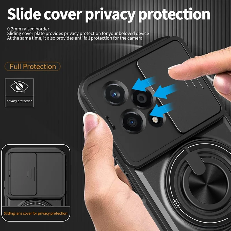 Für Honor 200 Lite Magnetische Hülle Mit Ringhalter Und Klappständer TPU PC Handyhülle Mit Kameraobjektivschieber - Schwarz