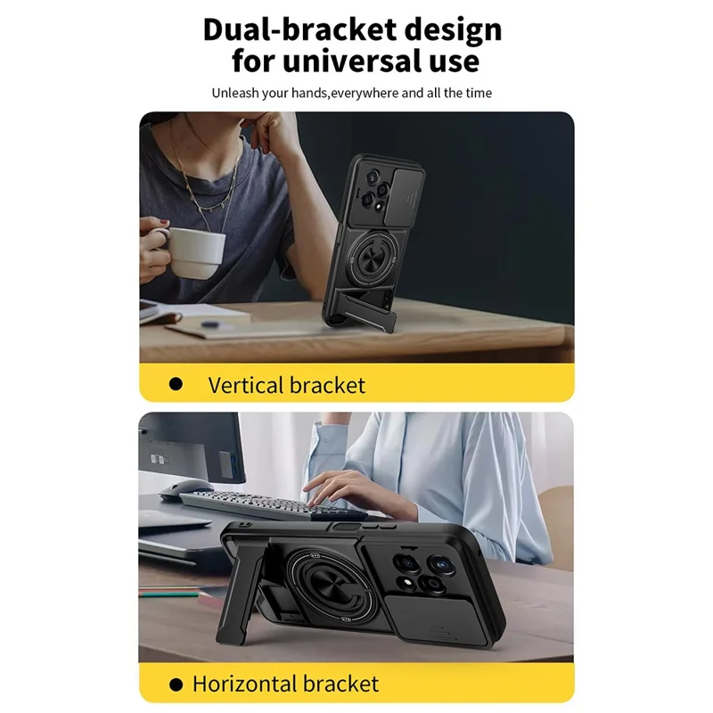 Чехол магнитный для Honor 200 5G с кольцом-держателем, складной подставкой, слайдером объектива из ТПУ и поликарбоната - черный