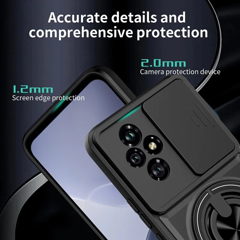 Чехол магнитный для Honor 200 5G с кольцом-держателем, складной подставкой, слайдером объектива из ТПУ и поликарбоната - черный