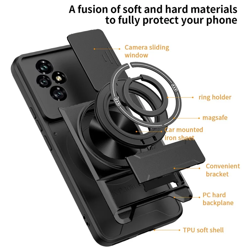 Чехол магнитный для Honor 200 5G с кольцом-держателем, складной подставкой, слайдером объектива из ТПУ и поликарбоната - черный