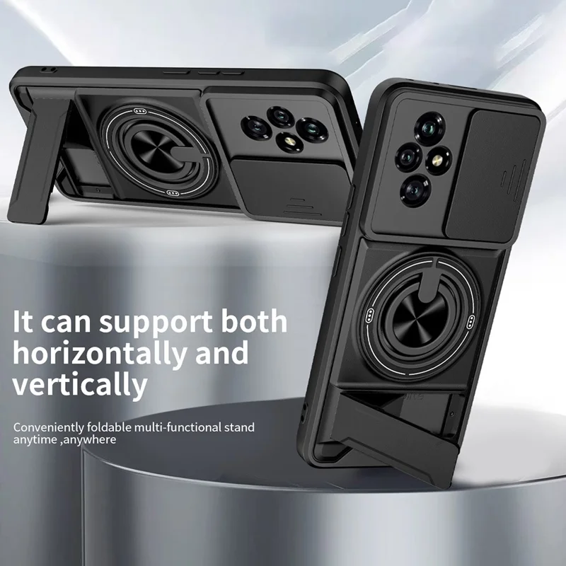 Чехол магнитный для Honor 200 5G с кольцом-держателем, складной подставкой, слайдером объектива из ТПУ и поликарбоната - черный