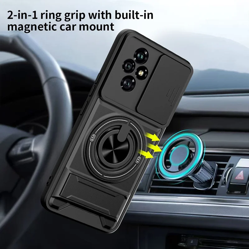 Чехол магнитный для Honor 200 5G с кольцом-держателем, складной подставкой, слайдером объектива из ТПУ и поликарбоната - черный