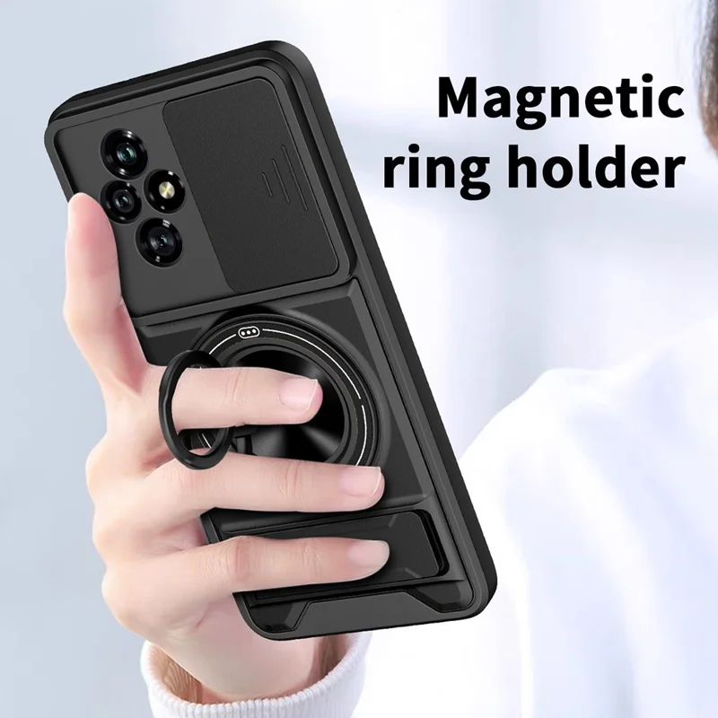 Чехол магнитный для Honor 200 5G с кольцом-держателем, складной подставкой, слайдером объектива из ТПУ и поликарбоната - черный