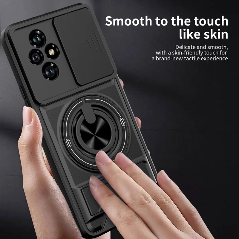 Чехол магнитный для Honor 200 5G с кольцом-держателем, складной подставкой, слайдером объектива из ТПУ и поликарбоната - черный