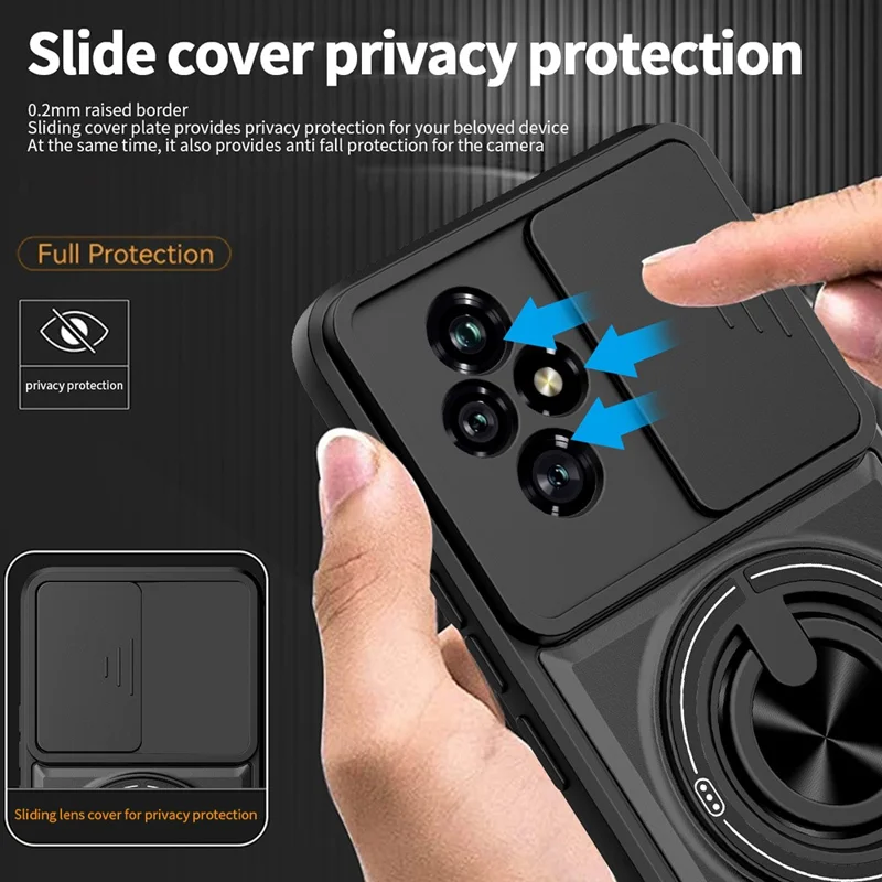 Чехол магнитный для Honor 200 5G с кольцом-держателем, складной подставкой, слайдером объектива из ТПУ и поликарбоната - черный