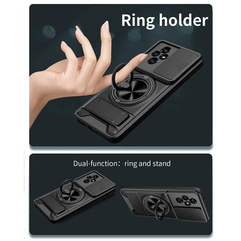 Чехол магнитный для Honor 200 5G с кольцом-держателем, складной подставкой, слайдером объектива из ТПУ и поликарбоната - черный