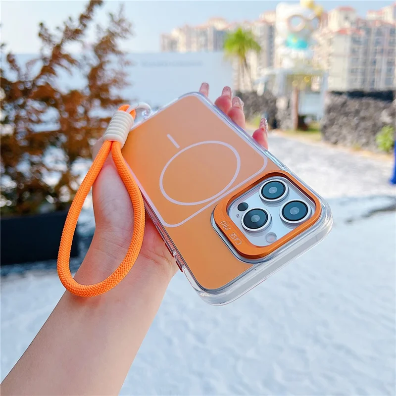For iPhone 15 Pro Case Compatible with MagSafe Lens Kickstand TPU Acrylic Phone Cover with Matching Hand Strap - Orange