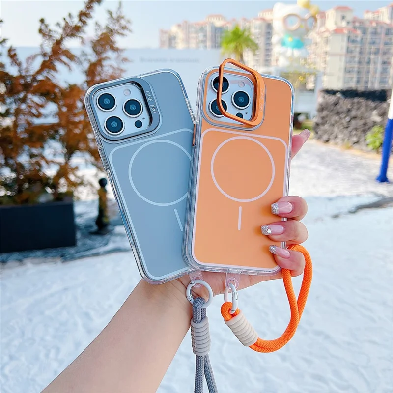 For iPhone 15 Pro Case Compatible with MagSafe Lens Kickstand TPU Acrylic Phone Cover with Matching Hand Strap - Orange