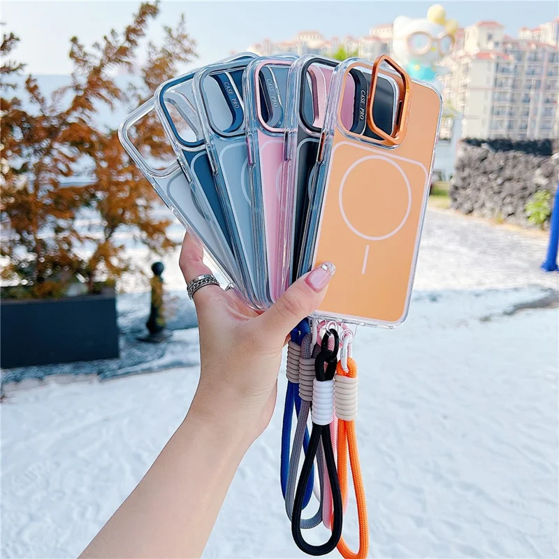 For iPhone 15 Pro Case Compatible with MagSafe Lens Kickstand TPU Acrylic Phone Cover with Matching Hand Strap - Orange