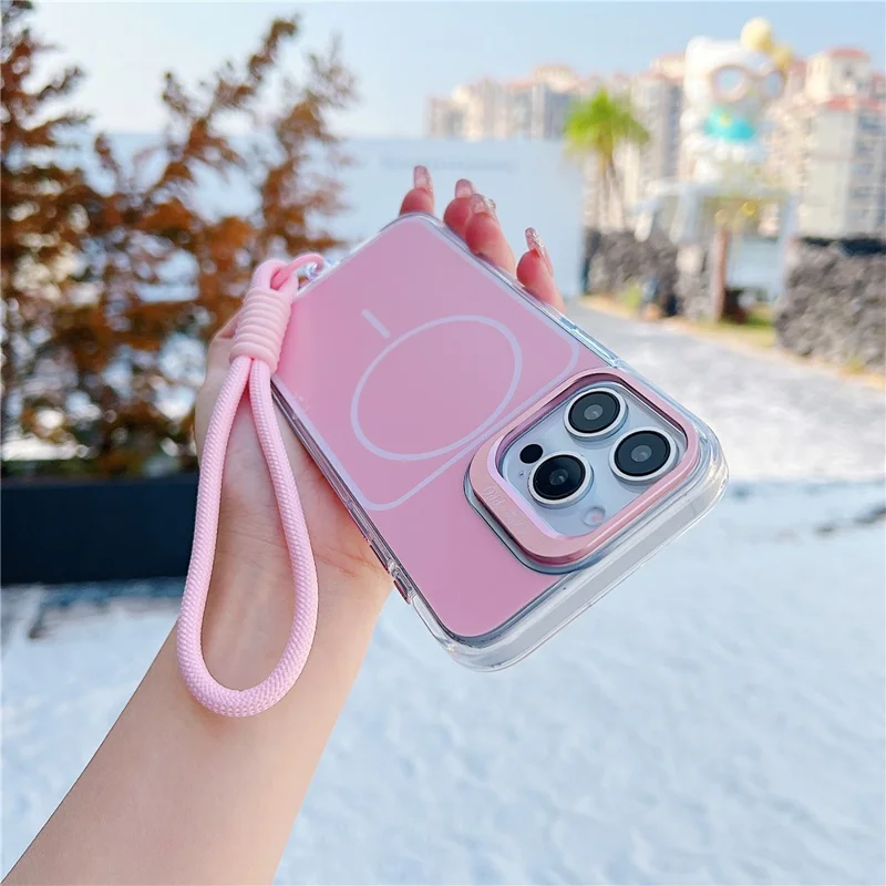 For iPhone 15 Pro Max Case Compatible with MagSafe Lens Kickstand TPU Acrylic Phone Cover with Matching Hand Strap - Pink