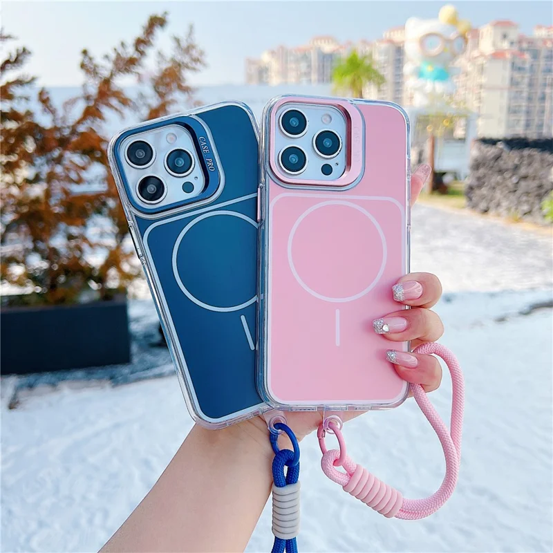 For iPhone 15 Pro Max Case Compatible with MagSafe Lens Kickstand TPU Acrylic Phone Cover with Matching Hand Strap - Pink