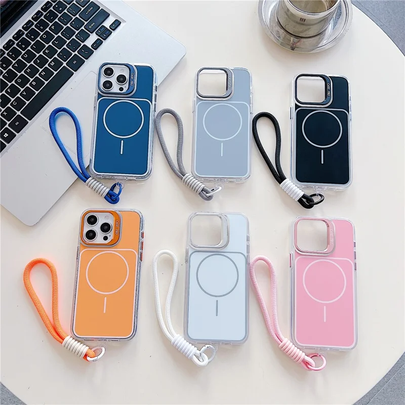 For iPhone 15 Pro Max Case Compatible with MagSafe Lens Kickstand TPU Acrylic Phone Cover with Matching Hand Strap - Pink