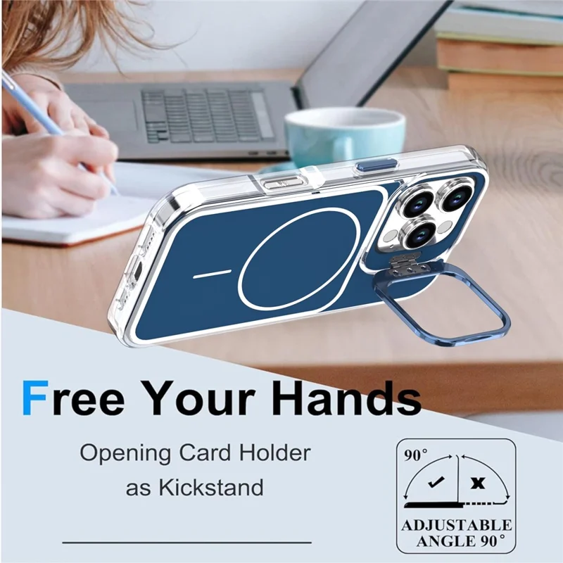 For iPhone 16 Pro Max Case Compatible with MagSafe Lens Kickstand TPU Acrylic Phone Cover with Matching Hand Strap - Blue