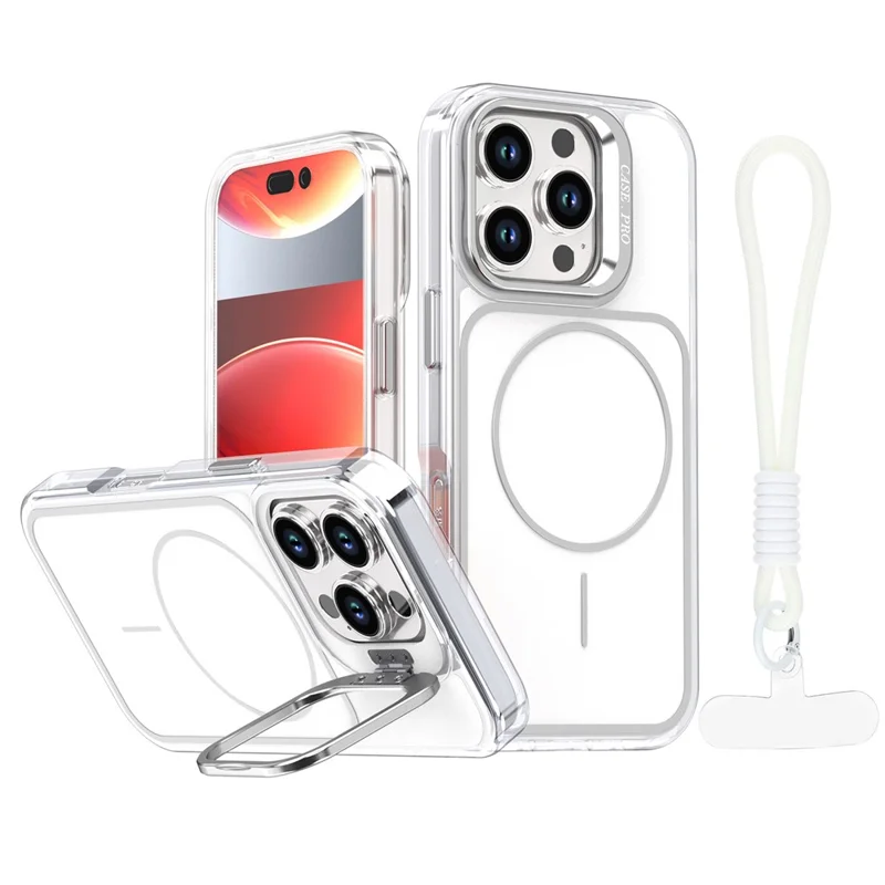For iPhone 16 Pro Case Compatible with MagSafe Lens Kickstand TPU Acrylic Phone Cover with Matching Hand Strap - White