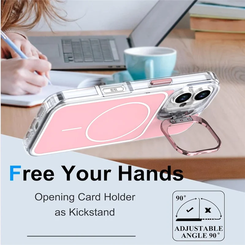 For iPhone 16 Plus Case Compatible with MagSafe Lens Kickstand TPU Acrylic Phone Cover with Matching Hand Strap - Pink