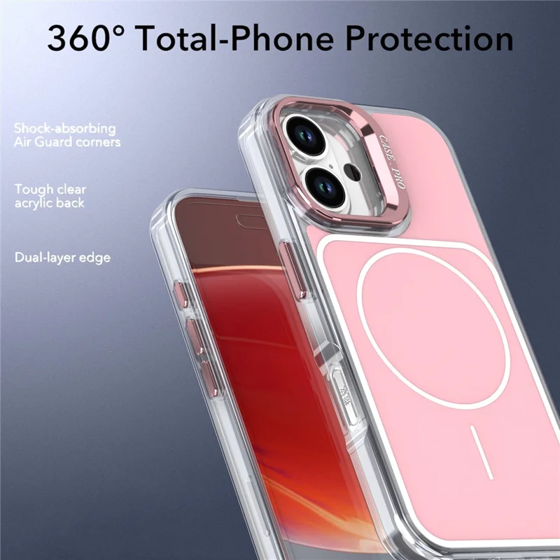 For iPhone 16 Plus Case Compatible with MagSafe Lens Kickstand TPU Acrylic Phone Cover with Matching Hand Strap - Pink