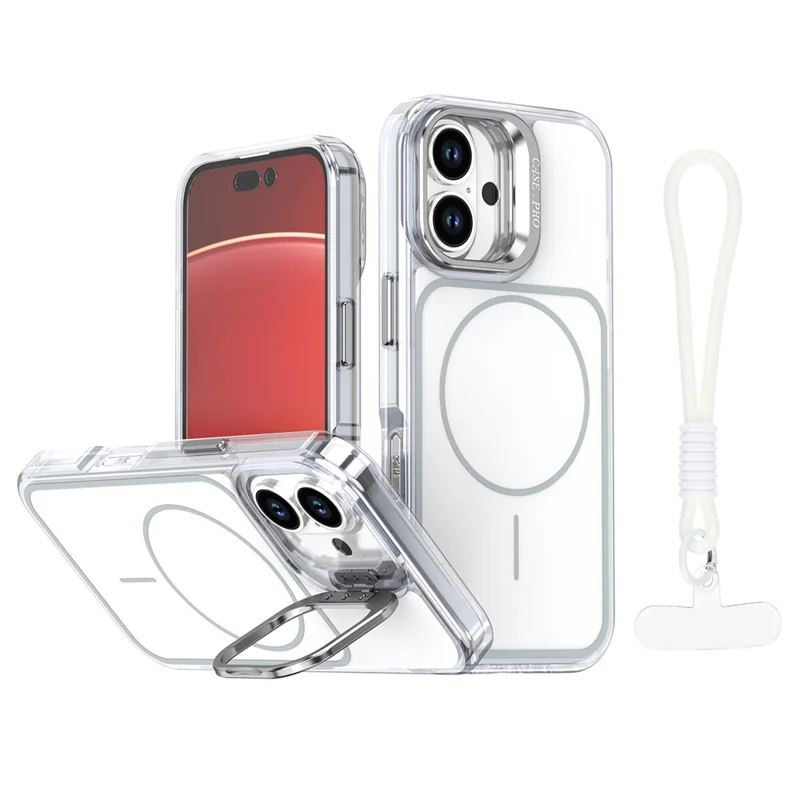 For iPhone 16 Case Compatible with MagSafe Lens Kickstand TPU Acrylic Phone Cover with Matching Hand Strap - White