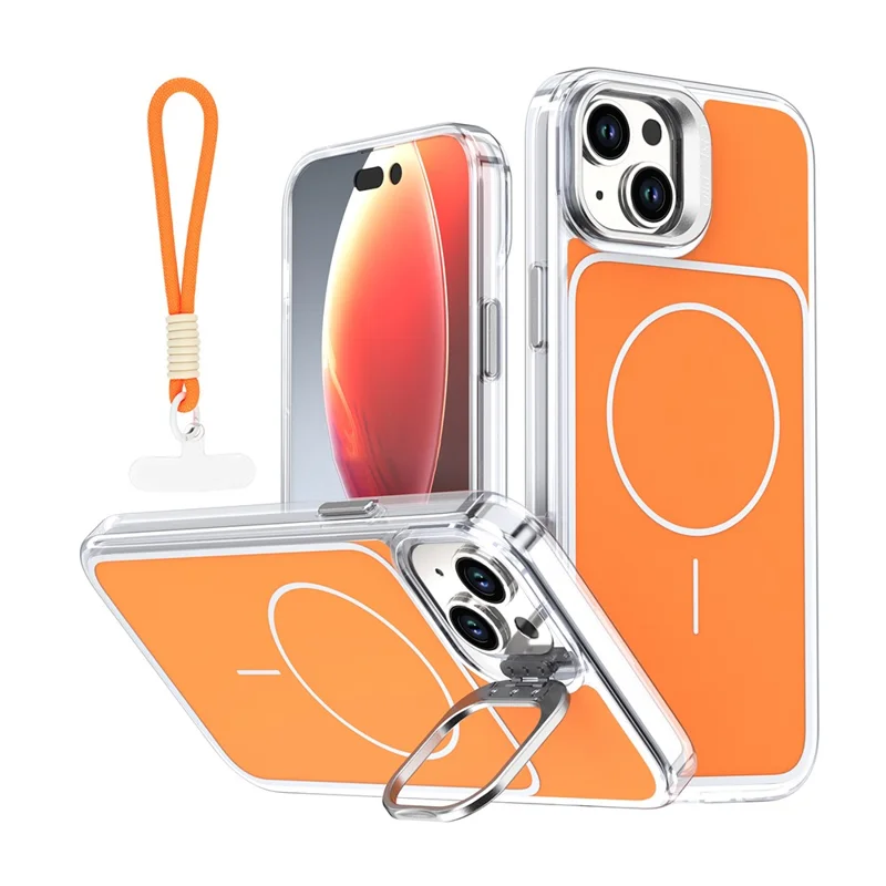 For iPhone 15 Case Compatible with MagSafe Lens Kickstand TPU Acrylic Phone Cover with Matching Hand Strap - Orange