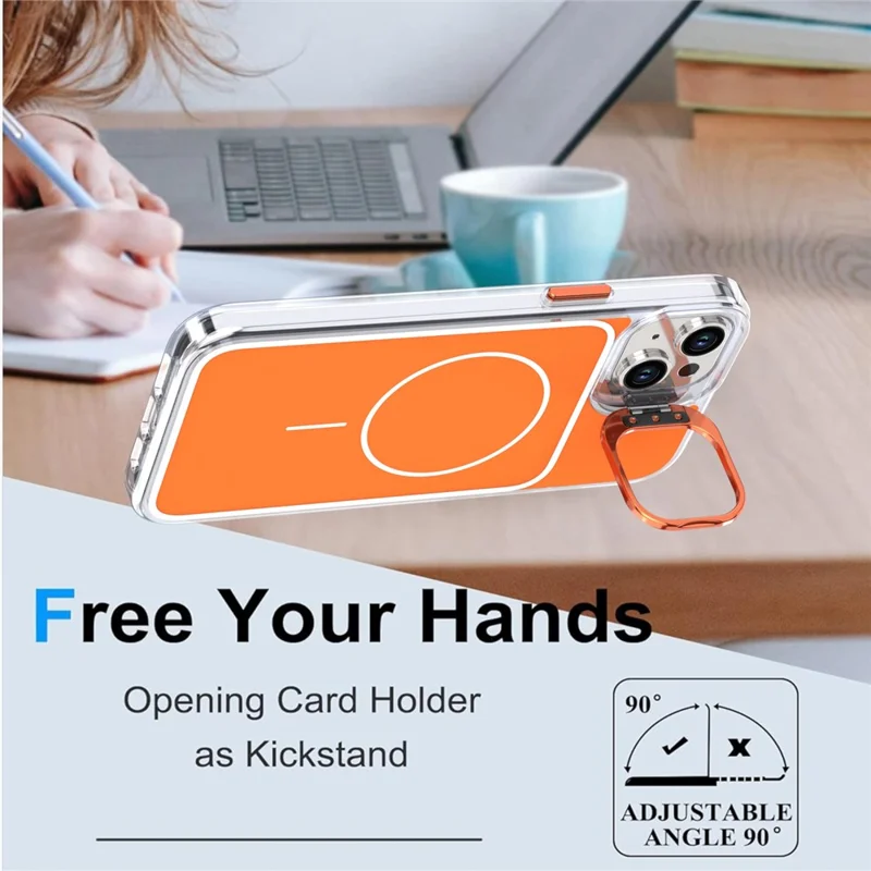 For iPhone 15 Case Compatible with MagSafe Lens Kickstand TPU Acrylic Phone Cover with Matching Hand Strap - Orange