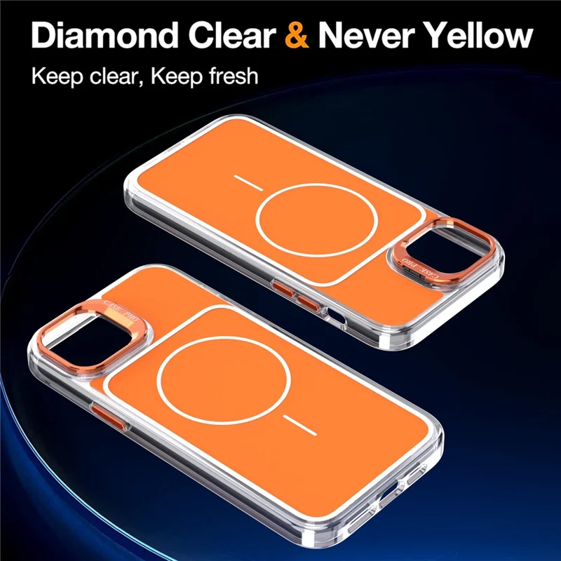 For iPhone 15 Case Compatible with MagSafe Lens Kickstand TPU Acrylic Phone Cover with Matching Hand Strap - Orange