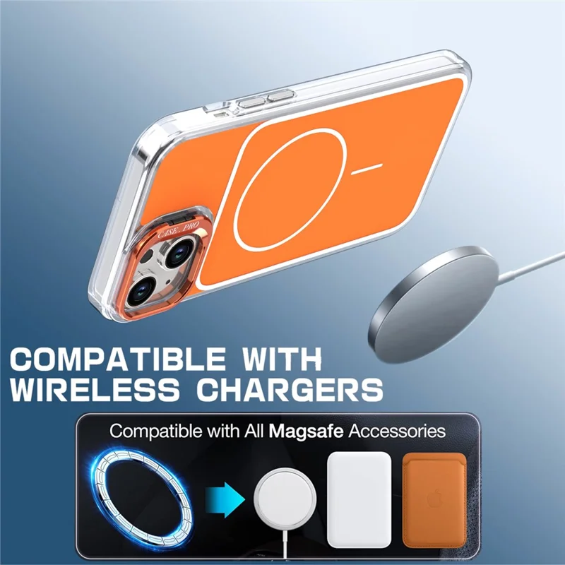 For iPhone 15 Case Compatible with MagSafe Lens Kickstand TPU Acrylic Phone Cover with Matching Hand Strap - Orange