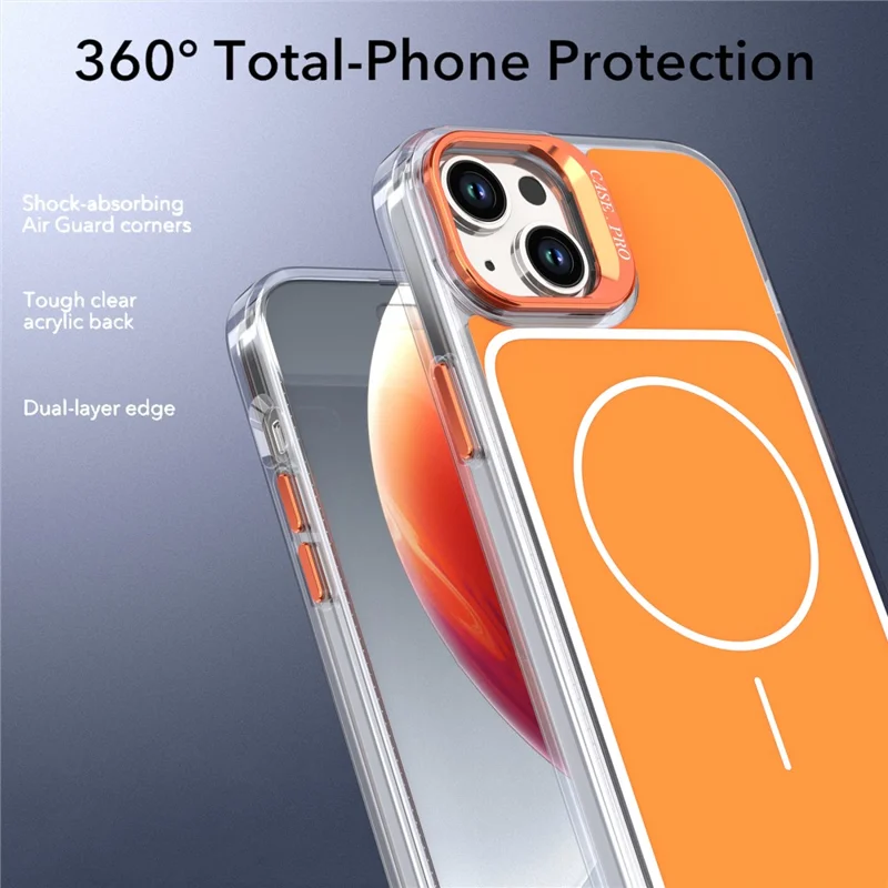 For iPhone 15 Case Compatible with MagSafe Lens Kickstand TPU Acrylic Phone Cover with Matching Hand Strap - Orange