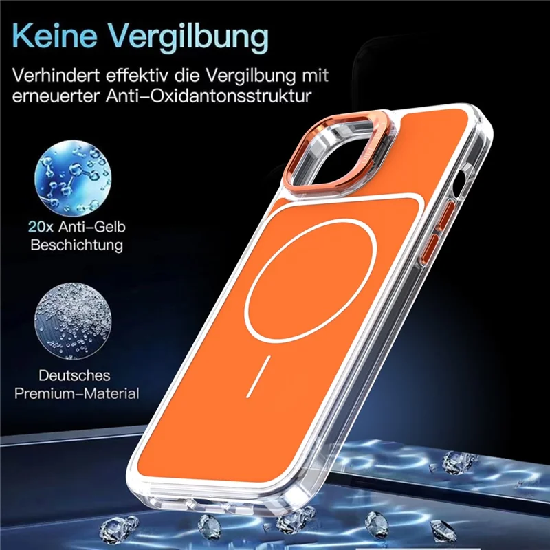 For iPhone 15 Case Compatible with MagSafe Lens Kickstand TPU Acrylic Phone Cover with Matching Hand Strap - Orange