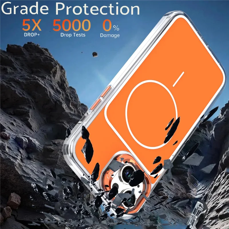 For iPhone 15 Case Compatible with MagSafe Lens Kickstand TPU Acrylic Phone Cover with Matching Hand Strap - Orange