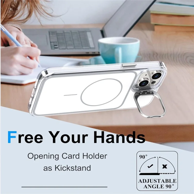 For iPhone 15 Plus Case Compatible with MagSafe Lens Kickstand TPU Acrylic Phone Cover with Matching Hand Strap - White