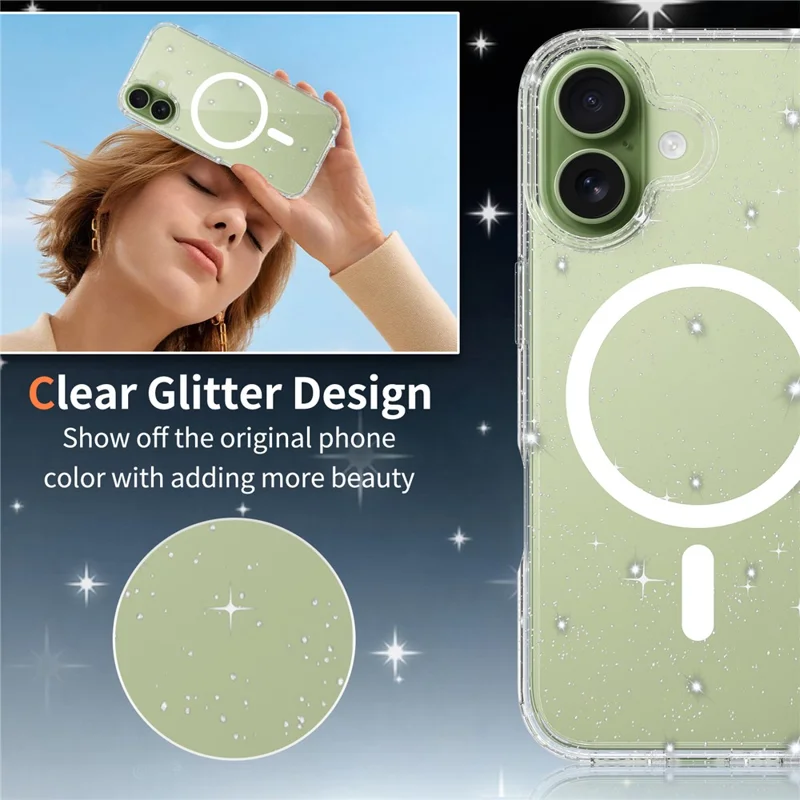 For iPhone 17 Magnetic Case Glitter Design TPU PC PET Drop Proof Phone Cover - Transparent
