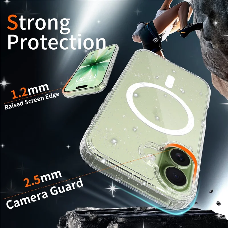For iPhone 17 Magnetic Case Glitter Design TPU PC PET Drop Proof Phone Cover - Transparent