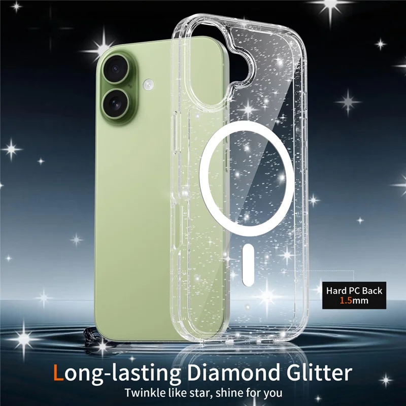 For iPhone 17 Magnetic Case Glitter Design TPU PC PET Drop Proof Phone Cover - Transparent