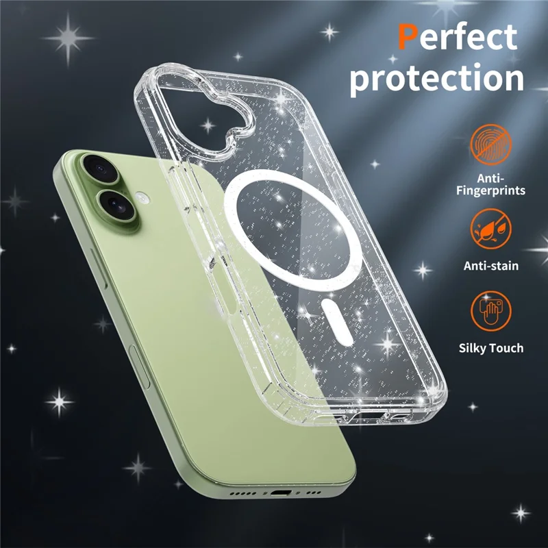 For iPhone 17 Magnetic Case Glitter Design TPU PC PET Drop Proof Phone Cover - Transparent