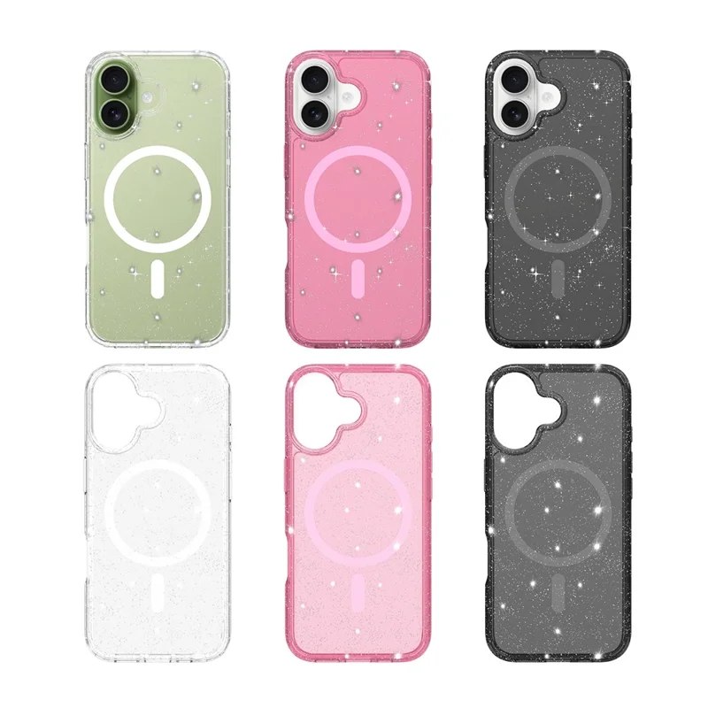 For iPhone 17 Magnetic Case Glitter Design TPU PC PET Drop Proof Phone Cover - Transparent